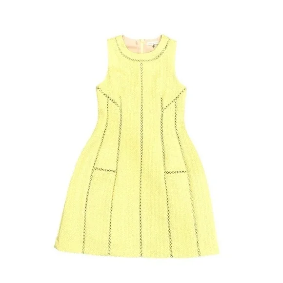 Rebecca‎ Taylor Cocktail Mini Dress Yellow Chartreuse Ladder Stitch Sleeveless 2 - Picture 2 of 12